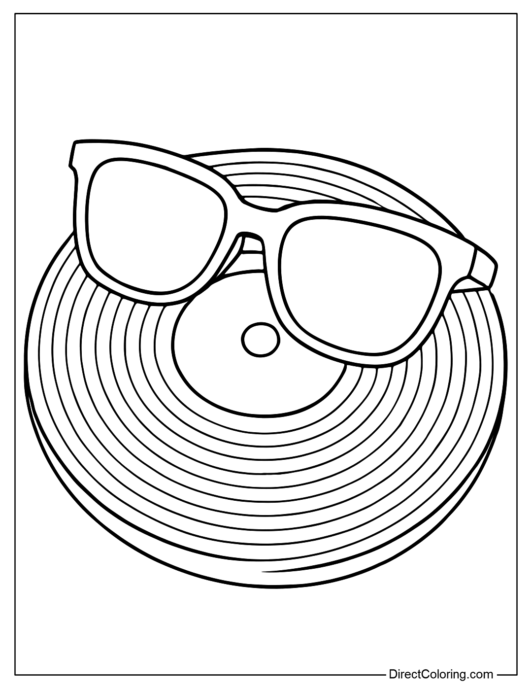 coloring page Sunglasses lying on a vinyl record, creating a retro and musical inspiration